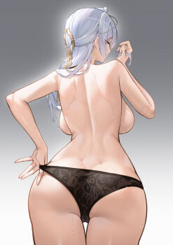 1girl absurdres ass back backboob black_panties breasts cameltoe closed_mouth commentary cowboy_shot dimples_of_venus fingernails floral_print from_behind glint gradient_background grey_background grey_hair hair_between_eyes hair_ornament half_updo hand_up highres holding holding_own_hair kiaji_(pixiv7643817) large_breasts long_hair looking_at_viewer looking_back panties print_panties profile shoulder_blades sideways_glance solo standing thigh_gap topless_female underwear underwear_only undressing wet wet_hair yellow_eyes yixuan_(zenless_zone_zero) zenless_zone_zero