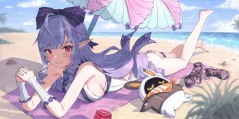 1girl ahoge artist_name ass barefoot beach beach_towel blue_sky blurry blush bow breasts butter_spoon depth_of_field drill_hair eous_(zenless_zone_zero) hair_bow high_heels highres large_breasts legs looking_at_viewer lying ocean on_stomach own_hands_clasped own_hands_together parasol pointy_ears purple_hair red_eyes shoes sideboob signature simple_bird skindentation sky smile sticker_on_ass swimsuit thigh_strap towel umbrella unworn_shoes vivian_banshee vivian_banshee_(iris_of_the_shore) zenless_zone_zero