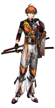 Rule 34 | 1boy, absurdres, alternate costume, armlet, belt, belt buckle, black choker, black shirt, black socks, black vest, blue eyes, blue flower, blue rose, boutonniere, buckle, choker, closed mouth, collar chain (jewelry), contrast lapels, cuff links, earrings, fishnet fabric, flower, full body, gloves, grey jacket, hair between eyes, half gloves, highres, holding, holding jacket, holding sword, holding unworn clothes, holding weapon, jacket, jacket over shoulder, jewelry, katana, kitami yusei, lapel pin, lapels, long sleeves, looking at viewer, male focus, mismatched earrings, multicolored eyes, multicolored shoes, multiple swords, necktie, nijisanji, notched lapels, orange belt, orange hair, orange vest, padded vest, pants, patterned clothing, pendant choker, pink eyes, print pants, red necktie, red shoes, red sleeves, rose, saddle shoes, see-through clothes, see-through pants, sheath, sheathed, shirt, shoes, short hair, simple background, sleeve cuffs, smile, socks, solo, standing, stud earrings, sword, two-tone eyes, two-tone shoes, two-tone vest, unagipai, unworn jacket, vest, virtual youtuber, weapon, white background, white pants, white shoes