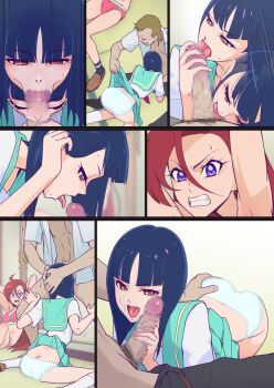 2girls all_fours angry ass blue_hair bra breasts brown_eyes censored clenched_teeth closed_eyes clothes_lift deepthroat fellatio grabbing_another's_ass hands_on_another's_head highres indoors legs licking licking_penis lifting_another's_clothes long_hair mosaic_censoring motion_blur multiple_girls multiple_views muramura_hito open_mouth oral panties penis precure purple_eyes red_hair school_uniform sequential shiratori_yuriko short_hair sitting skirt skirt_lift small_breasts standing stray_pubic_hair takizawa_asuka teeth thighs tropical-rouge!_precure underwear v-shaped_eyebrows