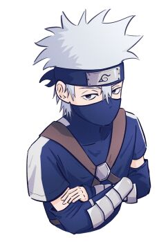 Rule 34 | 1boy, aged down, arm guards, black eyes, closed mouth, commentary request, crossed arms, detached sleeves, forehead protector, grey hair, hair between eyes, hatake kakashi, highres, konohagakure symbol, looking at viewer, male focus, mask, mouth mask, naruto (series), ray kks99, shirt, solo, upper body, white background