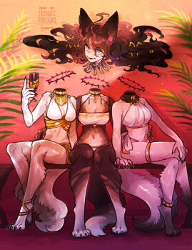 1girl alcohol animal_ear_fluff animal_ears artist_name belt blue_eyes breasts brown_hair cerberus claws cleavage cup drinking_glass fang furry furry_female halo highres hogara jewelry long_hair midriff monster_girl navel original simple_background sitting tail wavy_mouth wine wine_glass