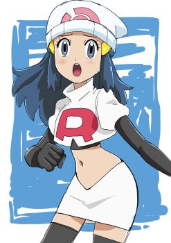 1girl absurdres beanie black_gloves black_thighhighs blue_eyes blue_hair cosplay crop_top dawn_(pokemon) elbow_gloves gloves hainchu hat highres jessie_(pokemon) jessie_(pokemon)_(cosplay) long_hair midriff miniskirt narrow_waist navel nintendo open_mouth pokemon pokemon_(anime) pokemon_dppt_(anime) sketch skirt solo team_rocket team_rocket_uniform thighhighs white_crop_top white_hat white_skirt