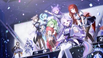 6+girls absurdres ahoge akane_lize animal_ear_fluff animal_ears aokumo_rin arahashi_tabi ayatsuno_yuni back_bow black_bow black_hair blonde_hair blue_bow blue_bowtie blue_corset blue_eyes blue_gem blue_hair blue_skirt bow bowtie cat_ears cat_girl cat_tail center_frills closed_mouth commentary_request cone_hair_bun confetti corset double_bun everyone extra_ears fang feathered_wings fox_ears fox_girl frills gem gradient_eyes green_bow green_bowtie green_eyes green_hair grey_eyes grey_hair hair_bow hair_bun hair_ornament hair_rings hairclip hanako_nana heterochromia highres horse_tail idol idol_clothes indoors karrr_on long_hair mole mole_under_eye multicolored_eyes multicolored_hair multiple_girls neneko_mashiro one_eye_closed open_mouth pink_hair purple_bow purple_bowtie purple_eyes purple_gem purple_hair red_bow red_eyes red_gem red_hair screen shirayuki_hina shirt shoes short_hair short_sleeves side_ponytail sitting skirt speaker stage stellive streaked_hair tail tenko_shibuki thigh_strap twintails unicorn_girl unicorn_horn very_long_hair virtual_youtuber white_bow white_bowtie white_hair white_shirt white_shoes white_wrist_cuffs wings wrist_cuffs x_hair_ornament yellow_eyes yuzuha_riko