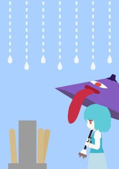 Rule 34 | 1girl, blue background, blue hair, closed mouth, commentary request, from side, hashi mountain, highres, holding, holding umbrella, karakasa obake, long sleeves, no lineart, purple umbrella, red eyes, short hair, solo, sotoba, tatami, tatara kogasa, tombstone, tongue, touhou, umbrella, water drop