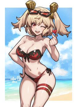 1girl :o ;o absurdres artist_name beach belt bikini blonde_hair blue_sky border breasts burnice_white commentary english_commentary eyewear_on_head gift_art heart highres large_breasts looking_at_viewer midriff multicolored_bikini navel one_eye_closed outdoors red_eyes rotomdocs short_hair sky smile solo sunglasses swimsuit thigh_belt thigh_strap thighs twintails two-tone_bikini white_border zenless_zone_zero