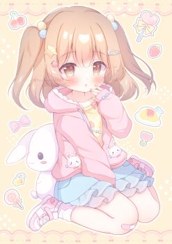 1girl :o between_legs blue_bow blue_skirt blush borrowed_character bow brown_eyes brown_hair candy cherry commentary_request commission drawstring flag food food-themed_hair_ornament fruit full_body hair_bobbles hair_ornament hairclip hanasakichu hand_between_legs hand_up highres hood hood_down hoodie lollipop long_hair long_sleeves looking_at_viewer omelet omurice open_clothes open_hoodie open_mouth original pink_bow pink_hoodie pink_shoes polka_dot polka_dot_bow shirt shoes sitting skeb_commission skirt sleeve_bow sneakers socks solo star_(symbol) star_hair_ornament strawberry strawberry_hair_ornament swirl_lollipop twitter_username two_side_up wariza white_socks yellow_background yellow_shirt