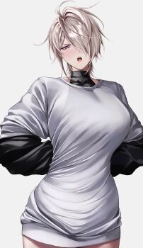 1girl absurdres arms_behind_back blonde_hair blush breasts brown_eyes commentary hair_over_one_eye highres looking_at_viewer open_mouth original reese_(ulularts) sharp_teeth shirt simple_background solo t-shirt teeth ulularts upper_body white_background