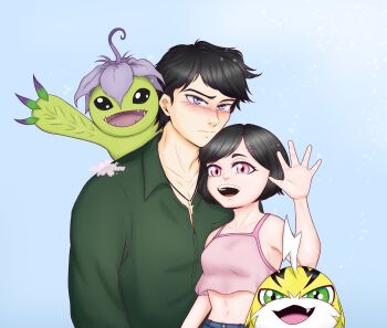 Rule 34 | 1boy, 1girl, alraumon, blush, digimon, embarrassed, highres, pulsemon, size difference, smile