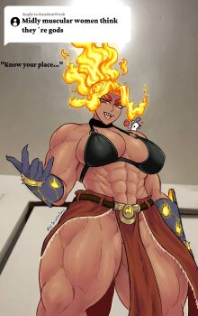 1boy 1girl abs artist_name bare_shoulders belt breasts dark-skinned_female dark_skin eljarochofeliz english_text female_focus fingernails fire_hair from_below gauntlets highres huge_breasts indoors loincloth long_fingernails looking_at_viewer meme muscular muscular_female navel o-ring o-ring_top on_shoulder original puppet_(eljarochofeliz) red_eyes sharp_nails shiny_skin slit_pupils thick_eyebrows thick_thighs thighs titania_(eljarochofeliz) tongue tongue_out wide_hips yellow_pupils