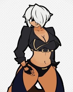 1girl alicorn_blood angel_(kof) boots breasts curvy female_focus huge_breasts jacket kneeling large_breasts leather leather_jacket panties short_hair smile smiley_face the_king_of_fighters thick_thighs thighs underwear white_hair wide_hips