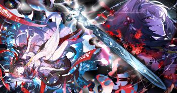 1girl absurdres animal_ears armlet bare_shoulders blush bracelet breasts brown_hair brown_tail china_dress chinese_clothes cleavage closed_eyes clover clover_hair_ornament dress droopy_ears dual_persona hair_intakes hair_ornament hairband hashtag-only_commentary highres horse_ears horse_girl horse_tail jewelry large_breasts leg_tattoo long_hair metal_bracelet open_mouth qingming_sword red_eyes silver_armlet silver_bracelet sleeveless sleeveless_dress smile solo tail tattoo tears tks_10ru very_long_hair white_dress white_hairband ye_shunguang zenless_zone_zero