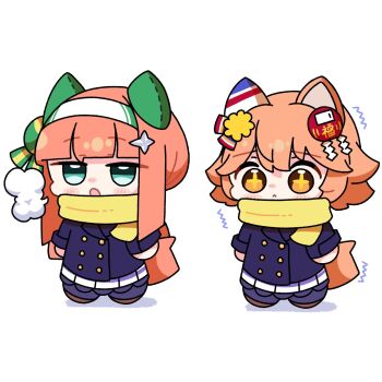 +_+ 2girls animal_ears blue_coat blue_eyes blunt_bangs blush breath buttons chibi chibi_only clover_hair_ornament coat cold daruma_doll daruma_doll_hair_ornament double-breasted ear_covers flipped_hair good_fortune_symbol green_eyes hair_between_eyes hair_ornament hairband highres hime_cut horse_ears horse_girl horse_tail long_hair long_sleeves matikanefukukitaru_(umamusume) multiple_girls open_mouth orange_hair purple_skirt purple_thighhighs scarf school_uniform short_hair silence_suzuka_(umamusume) single_ear_cover skirt star-shaped_pupils star_(symbol) symbol-shaped_pupils tail temu_(kobaeihuk) thighhighs tracen_school_uniform tracen_winter_coat umamusume white_hairband winter_clothes winter_coat winter_uniform yellow_scarf