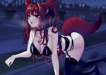 1girl absurdres all_fours animal_collar animal_ears black_bra black_panties black_thighhighs blush bra breasts bridge collar commentary commission daiya_fortuna english_commentary garter_belt garter_straps grey_eyes heterochromia highres indie_virtual_youtuber large_breasts leash long_hair mintxnao open_mouth outdoors panties pet_play public_indecency pussy_juice red_eyes red_hair second-party_source solo tail thighhighs tongue tongue_out underwear underwear_only virtual_youtuber