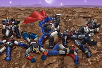 arm_blade battle cape character_request crossover damaged duel fighting full_moon great_mazinger great_mazinger_(robot) grendizer highres horns male_focus mazinger_(series) mazinger_z mazinger_z_(mecha) mazinger_zero_(mecha) mazinkaiser mazinkaiser_(robot) mazinkaiser_skl mazinkaiser_skl_(mecha) mazinsaga mecha mecha_focus moon no_humans open_mouth outdoors red_cape retro_artstyle robot science_fiction shin_mazinger_shougeki!_z-hen shin_mazinger_zero single_horn super_robot sword tagme type_x ufo_robo_grendizer weapon z_(mazinsaga)