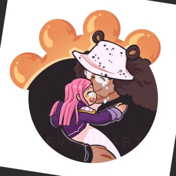 1boy 1girl ^_^ animal_ears artist_name bartholomew_kuma bear_ears brown_hair closed_eyes commentary english_commentary evichuart father_and_daughter glasses happy_tears hat hood jewelry_bonney long_hair one_piece pink_hair tears white_hat