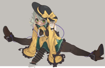 1futa absurdres adapted_costume back_bow bar_censor bare_back bare_shoulders between_breasts black_bow black_hat black_pantyhose bow breasts brown_footwear bulge censored closed_mouth clothes_between_breasts collared_shirt commentary_request covered_erect_nipples erection erection_under_clothes eyelashes floral_print frilled_shirt_collar frilled_skirt frilled_sleeves frills futanari green_eyes green_hair green_skirt grey_background hat hat_bow hat_ribbon high_heels highres huge_penis komeiji_koishi looking_at_viewer medium_hair on_floor pantyhose penis penis_in_pantyhose penis_under_pantyhose ribbon rose_print rustycork shirt sitting skirt sleeve_bow sleeves_past_fingers sleeves_past_wrists small_breasts solo split tongue tongue_out touhou yellow_bow yellow_ribbon yellow_shirt