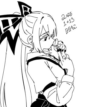 1girl absurdres arm_belt bow cigarette collared_shirt dated fire from_side fujiwara_no_mokou hair_bow high_ponytail highres long_hair long_sleeves monochrome neophyte pants ponytail pyrokinesis shirt simple_background smoking solo suspenders touhou upper_body very_long_hair white_background wing_collar