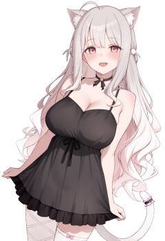 1girl ahoge animal_ears bare_shoulders bell belt black_belt black_camisole black_choker black_ribbon blush bow bow_legwear breasts camisole cat_ears cat_girl cat_ornament cat_tail choker cleavage collarbone commentary fingernails gradient_hair hair_ornament hashtag-only_commentary highres indie_virtual_youtuber jingle_bell large_breasts long_hair looking_at_viewer mole mole_under_eye multicolored_hair myuu_(arisumeria) nail_polish neck_bell open_mouth pantyhose pink_bow pink_eyes pink_hair pink_nails pom_pom_(clothes) pom_pom_hair_ornament ribbon shoulder_blush simple_background single_leg_pantyhose single_thighhigh skirt_hold smile solo tail tail_belt thigh_bow thighhighs thighs two-tone_hair two_side_up uise_iu virtual_youtuber white_background white_pantyhose white_tail white_thighhighs