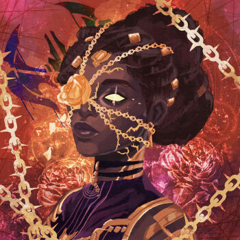 1girl arcane:_league_of_legends artist_name brown_hair chain closed_mouth commentary dark-skinned_female dark_skin dreadlocks flower hair_bun highres league_of_legends limeariee mel_(league_of_legends) solo symbol-only_commentary turtleneck