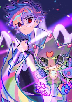 Rule 34 | 1boy, black shirt, blonde hair, blue hair, cowboy shot, digimon, digimon (creature), digimon beatbreak, gecko, gekkomon, glasses, glowing, highres, jacket, male focus, mar22826683, multicolored hair, round eyewear, shirt, tenma tomoro, two-tone hair, white jacket