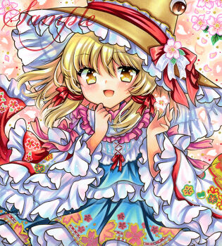 Rule 34 | 1girl, alternate costume, blonde hair, blue dress, blush, brown hat, commentary request, dress, falling petals, floral print, flower, frilled sleeves, frills, hair ribbon, hat, hat flower, long hair, long sleeves, marker (medium), moriya suwako, open mouth, petals, pink petals, red ribbon, ribbon, rui (sugar3), sample watermark, smile, touhou, traditional media, tress ribbon, watermark, white dress, wide sleeves, yellow eyes