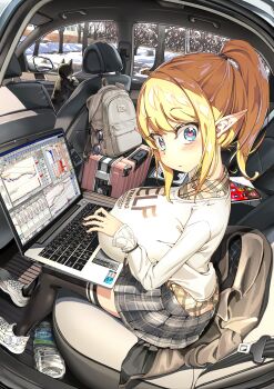 1girl absurdres backpack bag blonde_hair blue_eyes blush bottle breast_press breasts car car_interior cat coat computer day elf english_text equipment hanging_breasts heart heart-shaped_pupils highres laptop large_breasts long_hair looking_at_viewer miyu_(miyu_heuung) motor_vehicle original pointy_ears ponytail shoes skirt sneakers snow solo stock_trading_elf_(miyu) sunglasses symbol-shaped_pupils tablet_pc thighhighs tree winter