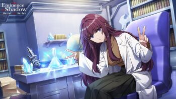 1girl artist_request black_skirt book bookshelf breasts brown_sweater coat copyright_notice crystal double_v erlenmeyer_flask eta_(kagejitsu) flask globe highres kage_no_jitsuryokusha_ni_naritakute! kage_no_jitsuryokusha_ni_naritakute!_master_of_garden lab_coat leaning_forward logo long_hair long_skirt microscope official_art open_clothes open_coat paper_stack pleated_skirt pointy_ears purple_eyes purple_hair sitting skirt solo sweater v white_coat