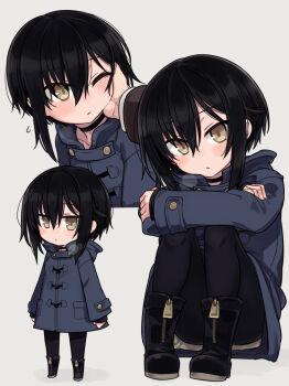 1boy 1girl ankle_boots black_boots black_hair black_pantyhose blue_coat blush boots brown_hair chibi closed_mouth coat commentary_request expressionless flying_sweatdrops full_body hair_between_eyes hand_on_another's_cheek hand_on_another's_face hood long_sleeves looking_at_viewer multiple_views null_(nyanpyoun) original pantyhose short_hair sitting standing steam zipper