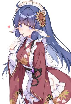 Rule 34 | 1girl, absurdres, ahoge, apron, blue eyes, blue hair, commentary request, floral print, floral print kimono, flower, frilled apron, frills, gloves, hair flower, hair ornament, hair ribbon, highres, hr.r, japanese clothes, kimono, lace, lace gloves, leaning forward, long hair, long sleeves, looking at viewer, maid, nanoha (stella sora), obi, parted lips, partial commentary, print kimono, red kimono, ribbon, sash, simple background, solo, standing, stella sora, sunflower, sunflower hair ornament, wa maid, waist apron, white apron, white background, white gloves, white ribbon, wide sleeves