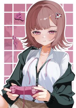 1girl blush breasts brown_hair brown_skirt cleavage closed_mouth collared_shirt controller danganronpa_(series) danganronpa_2:_goodbye_despair flipped_hair game_controller hair_ornament highres holding holding_controller holding_game_controller jacket long_sleeves looking_at_viewer medium_hair nanami_chiaki neck_ribbon open_clothes open_jacket pink_eyes pink_ribbon pleated_skirt ribbon sa_bu_ibo shirt skirt smile solo two-tone_shirt white_shirt