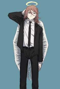 1boy absurdres angel angel_devil_(chainsaw_man) angel_wings belt belt_buckle black_belt black_jacket black_necktie black_pants black_suit blazer blue_background bored buckle business_suit chainsaw_man closed_mouth collared_jacket collared_shirt commentary_request dress_pants eyelashes feathered_wings feet_out_of_frame fingernails formal_clothes frown hair_between_eyes halo hand_on_own_head highres jacket krmtknkoo1582 lapels layered_sleeves long_hair long_hair_between_eyes long_sleeves looking_ahead male_focus necktie notched_lapels open_clothes open_jacket orange_eyes orange_hair pants scratching_head shirt simple_background solo suit swept_bangs traditional_halo white_shirt white_wings wings yellow_halo