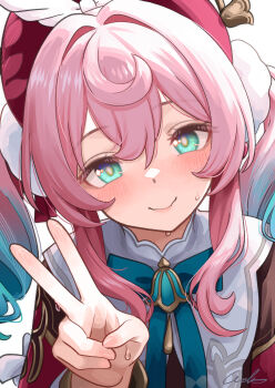 1girl absurdres blue_hair blush character_request closed_mouth commentary_request copyright_request gradient_hair green_eyes hat highres long_sleeves looking_at_viewer multicolored_hair pink_hair red_hat sidelocks smile solo twintails v welt_(kinsei_koutenkyoku)