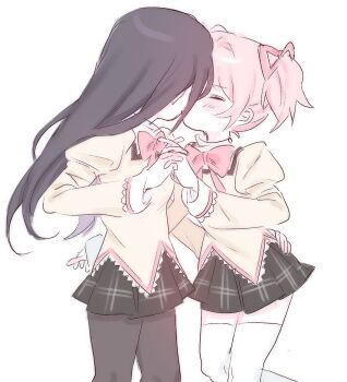 2girls akemi_homura black_hair black_pantyhose black_skirt bow bowtie closed_eyes commentary_request highres holding_hands juliet_sleeves kaname_madoka kiss komeng_64 korean_commentary long_hair long_sleeves mahou_shoujo_madoka_magica mitakihara_school_uniform multiple_girls pantyhose pink_hair puffy_sleeves red_bow red_bowtie school_uniform short_twintails simple_background skirt sweater thighhighs twintails white_background white_thighhighs yellow_sweater yuri