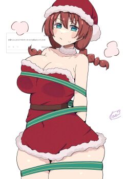 1girl arms_behind_back belt blue_eyes blush bound braid breasts brown_hair christmas cleavage covered_navel detached_collar dress emma_verde fur-trimmed_dress fur-trimmed_hat fur_collar fur_trim green_ribbon hat highres japanese_text kooei large_breasts long_hair love_live! love_live!_nijigasaki_high_school_idol_club minidress red_dress red_hat request_inset restrained ribbon ribbon_bondage santa_costume santa_dress santa_hat signature skindentation sleeveless sleeveless_dress slit_pupils solo standing strapless strapless_dress sweat thick_thighs thighs twin_braids white_background wide_hips