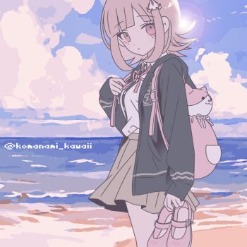 1girl animal_bag beach black_shirt blue_sky brown_hair brown_skirt cat_bag cloud danganronpa_(series) danganronpa_2:_goodbye_despair day flipped_hair hood hood_down hooded_jacket jacket komanami_kawaii long_sleeves medium_hair miniskirt nanami_chiaki neck_ribbon ocean open_clothes open_jacket outdoors pink_bag pink_eyes pink_ribbon pink_shoes pleated_skirt ribbon shirt shoes skirt sky solo two-tone_shirt white_shirt