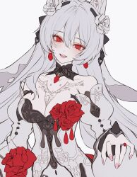Rule 34 | 1girl, :d, breasts, cleavage, detached sleeves, dress, flower, grey background, grey dress, grey flower, grey hair, hair between eyes, hair flower, hair intakes, hair ornament, head tilt, highres, honkai (series), honkai impact 3rd, jewelry, juliet sleeves, long hair, long sleeves, looking at viewer, medium breasts, nail polish, neon (pixiv 31150749), open mouth, pink nails, puffy sleeves, red eyes, red flower, red rose, ring, rose, simple background, smile, solo, theresa apocalypse, theresa apocalypse (luna kindred), theresa apocalypse (lunar vow: crimson love), theresa apocalypse (till death do us part) (honkai impact), unfinished, very long hair, wide sleeves