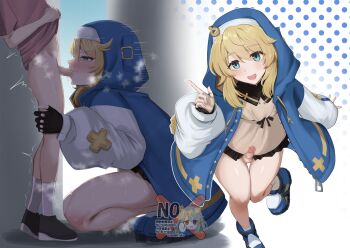 2boys age_difference black_skirt blonde_hair blue_eyes blue_jacket bridget_(guilty_gear) censored eeeeeiti_aka erection fellatio fingerless_gloves gloves guilty_gear guilty_gear_strive highres hood hood_up hooded_jacket jacket mosaic_censoring multiple_boys onii-shota oral penis skirt smile thighs trap yaoi