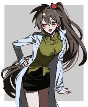 1girl :d black_skirt blush border brown_hair carmen_(project_moon) chinese_commentary collared_shirt commentary_request fanmaiji1101 formal_clothes green_shirt grey_background hand_on_own_hip high_ponytail highres leaning_forward lobotomy_corporation long_hair looking_at_viewer open_mouth outside_border pencil_skirt ponytail project_moon red_eyes shirt simple_background skirt smile solo standing suit teeth upper_teeth_only very_long_hair white_border white_suit