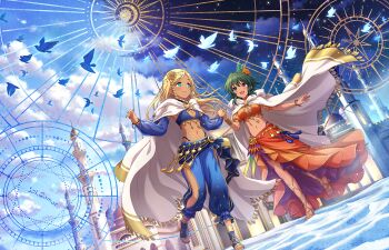 2girls arabian_clothes bird blonde_hair blue_eyes breasts building cleavage cloak cloud dark-skinned_female dark_skin game_cg gold_footwear green_hair high_heel_sandals high_heels holding_hands idolmaster idolmaster_cinderella_girls idolmaster_cinderella_girls_starlight_stage layla_(idolmaster) middle_eastern_architecture multiple_girls nail_polish natalia_(idolmaster) navel official_art open_mouth pants purple_eyes sandals toenail_polish toenails