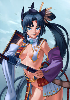 1girl armor asymmetrical_sleeves black_hair blue_eyes breasts detached_sleeves fate/grand_order fate_(series) female_focus hair_ornament hat holding holding_sword holding_weapon japanese_armor kusazuri lasterk long_hair looking_at_viewer mismatched_sleeves navel no_panties pom_pom_(clothes) revealing_clothes shoulder_armor skirt smile sode solo sword ushiwakamaru_(fate) ushiwakamaru_(second_ascension)_(fate) very_long_hair weapon