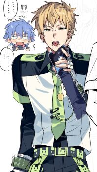 Rule 34 | 2boys, bandaged fingers, bandages, belt, black belt, black gloves, black pants, black shirt, blonde hair, blue hair, blush, bracelet, bridge piercing, chinese text, cowboy shot, dramatical murder, earrings, eyebrow piercing, face piercing, fingerless gloves, gloves, green necktie, hair between eyes, hand grab, hand up, hashtag-only commentary, highres, jewelry, layered shirt, lip piercing, long sleeves, male focus, multiple boys, necktie, noiz (dramatical murder), nose piercing, open mouth, pants, piercing, safety pin, seragaki aoba, shirt, short hair, shuisrs, simple background, studded bracelet, tongue, tongue out, tongue piercing, white background, white shirt, yaoi, yellow eyes