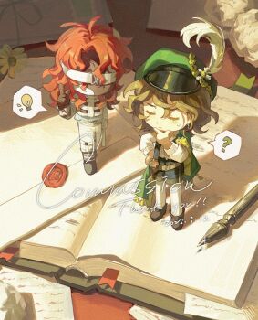 Rule 34 | 1boy, 1girl, ?, aleph (reverse:1999), black gloves, black mask, black shorts, black vest, book, bookmark, boots, brown boots, brown hair, newsboy cap, cape, chibi, closed eyes, commission, covered face, dated, dongfang shuyechu, envelope, gloves, green cape, green hat, hand on own chin, hand on own hip, hand up, hat, hat feather, highres, index finger raised, jacket, light bulb, long hair, mini person, miniboy, minigirl, open book, pants, pantyhose, paper, pen, recoleta (reverse:1999), red hair, reverse:1999, shirt, short hair, short shorts, shorts, side cape, speech bubble, spoken light bulb, spoken question mark, stroking own chin, thank you, thinking, vest, wax seal, white jacket, white pants, white pantyhose, white shirt