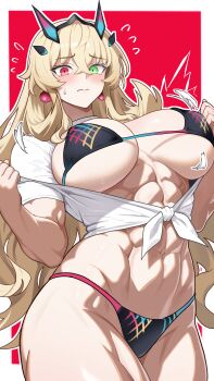 1girl abs absurdres bamboo_tac barghest_(fate) biceps bikini black_bikini blonde_hair blush breasts cleavage closed_mouth earrings fate/grand_order fate_(series) green_eyes heterochromia highres horns jewelry large_breasts long_hair looking_at_viewer muscular muscular_female navel open_clothes red_eyes shirt short_sleeves solo swimsuit thick_thighs thighs tied_shirt white_shirt