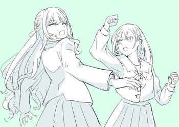 Rule 34 | bang dream!, bang dream! it's mygo!!!!!, blue background, closed eyes, greyscale with colored background, hair ornament, hairclip, haneoka school uniform, highres, jacket, long hair, long sleeves, looking at another, neckerchief, open mouth, pleated skirt, punching, sailor collar, school uniform, setou (bpdne), simple background, skirt, togawa sakiko, tsukinomori school uniform, two side up, wakaba mutsumi