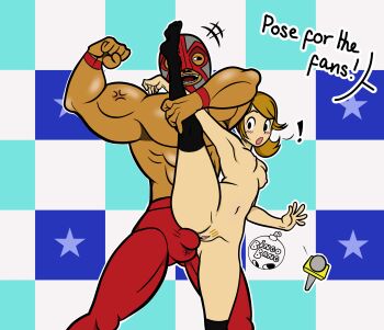 ! 1boy 1girl bingobang black_thighhighs breasts bulge clothed_male_nude_female dark_skin highres humiliation kneehighs leg_lift luchador_mask mask microphone muscular muscular_male no_shoes nude panties penis ponytail pubic_hair pussy reporter_(rhythm_tengoku) rhythm_tengoku skinny small_areolae small_breasts small_nipples socks sparse_pubic_hair standing surprised thighhighs uncensored underwear wrestler