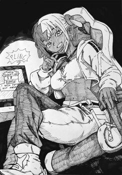 1girl belt breasts canari_(pokemon) chair commentary dark-skinned_female dark_skin donation_(twitch) eindrawppsn english_commentary gaming_chair grin highres large_breasts mask mask_pull midriff monochrome mouth_mask multicolored_hair nail_polish navel nintendo pokemon smile swivel_chair traditional_media