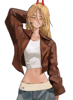 1girl absurdres arm_behind_back blonde_hair brown_jacket chainsaw_man collarbone commentary crop_top cross-shaped_pupils demon_girl demon_horns earrings english_commentary expressionless grey_pants highres horns jacket jewelry long_hair looking_at_viewer midriff navel pants power_(chainsaw_man) simple_background solo symbol-shaped_pupils tank_top tefi_blum white_background white_tank_top yellow_eyes