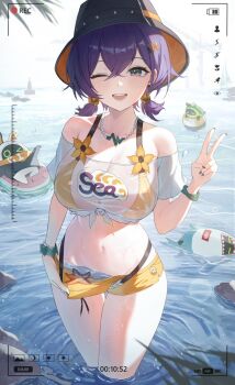 1girl aqua_eyes avocaboo_(zenless_zone_zero) bangboo_(zenless_zone_zero) battery_indicator belle_(summer_skies)_(zenless_zone_zero) belle_(zenless_zone_zero) bikini bikini_bottom_under_shorts bikini_under_clothes black_nails blue_hair blush breasts cleavage crop_top eous_(zenless_zone_zero) fake_screenshot hashtag-only_commentary highres large_breasts low_twintails nail_polish navel official_alternate_costume official_alternate_hairstyle open_mouth orange_bikini orange_shorts outdoors see-through_cleavage see-through_clothes see-through_shirt sharkboo_(zenless_zone_zero) shirt short_hair short_twintails shorts smile starfish swimsuit teeth thighs tied_shirt twintails unnunal_(unneonal) upper_teeth_only v viewfinder wading wet white_shirt zenless_zone_zero