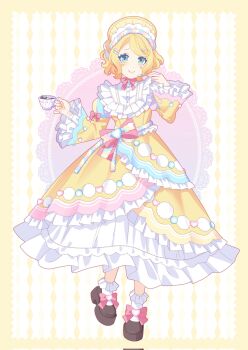 Rule 34 | 1girl, argyle background, bib collar, blonde hair, blue eyes, bonnet, border, bow, bowtie, brown shoes, buttons, candy print, classic lolita, closed mouth, cup, dress, eyelashes, food print, footwear bow, frilled dress, frilled headwear, frilled sleeves, frilled socks, frills, full body, hair ornament, hairband, hairclip, hand on own shoulder, happy, hashtag-only commentary, heart, heart print, highres, holding, holding cup, juliet sleeves, kagamine rin, layered dress, loafers, lolita fashion, long dress, long sleeves, looking at viewer, multicolored hairband, parallel hairclips, pastel colors, pink bow, pink bowtie, platform shoes, print dress, puffy sleeves, reean, shoes, short hair, sleeve bow, smile, socks, solo, standing, teacup, vocaloid, waist bow, wavy hair, white background, white dress, white socks, wide sleeves, yellow bonnet, yellow border, yellow dress